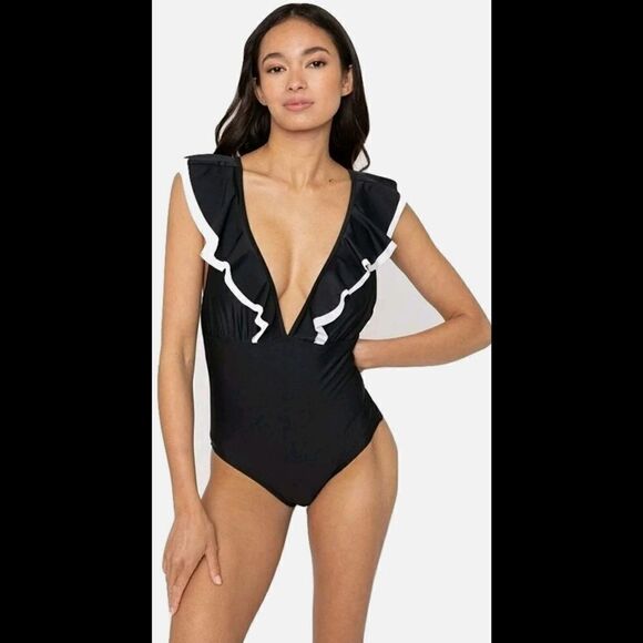 MARINA WEST DOUBLE RUFFLE CLASSIC SWIMSUIT SIZE XL NWT BLACK WHITE - Picture 1 of 10